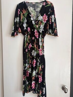 Tropical Vacation Dress - Black V-Neck Dress with Pink & White Flowers
